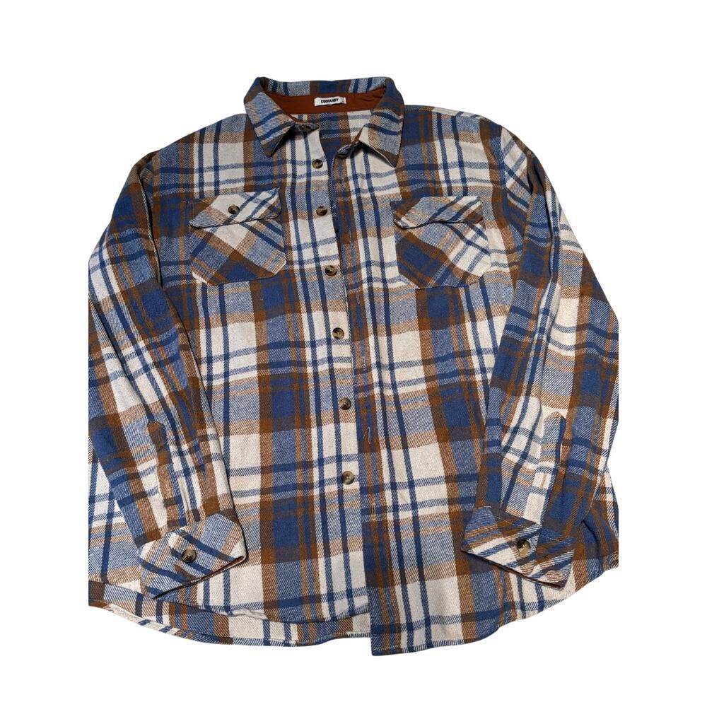 COOFANDY Plaid Flannel Button-Down Shirt Men's XL Blue Brown Trim Preppy Y2K